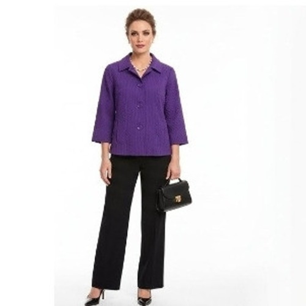 Chico's Purple Textured Button Front Jacket Size 2 Crinkle 3/4 Sleeve Lined
